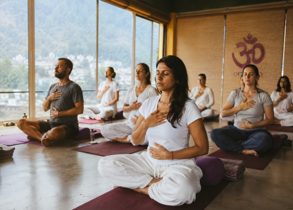 Deep meditation and pranic healing practice during Himalayan yoga retreat in Rishikesh