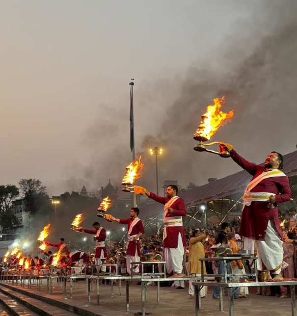 Ganga Aarti at Triveni Ghat Rishikesh with glowing lamps on Ganges River