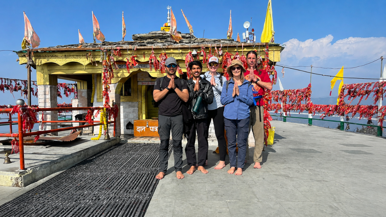 Yoga retreat participants visiting Kartik Swami Temple during the 10-Day Himalayan Yoga Immersion Retreat in Uttarakhand