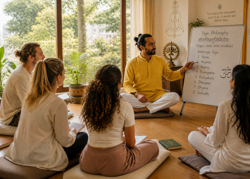 Yogic philosophy session deepening spiritual understanding in Himalayas
