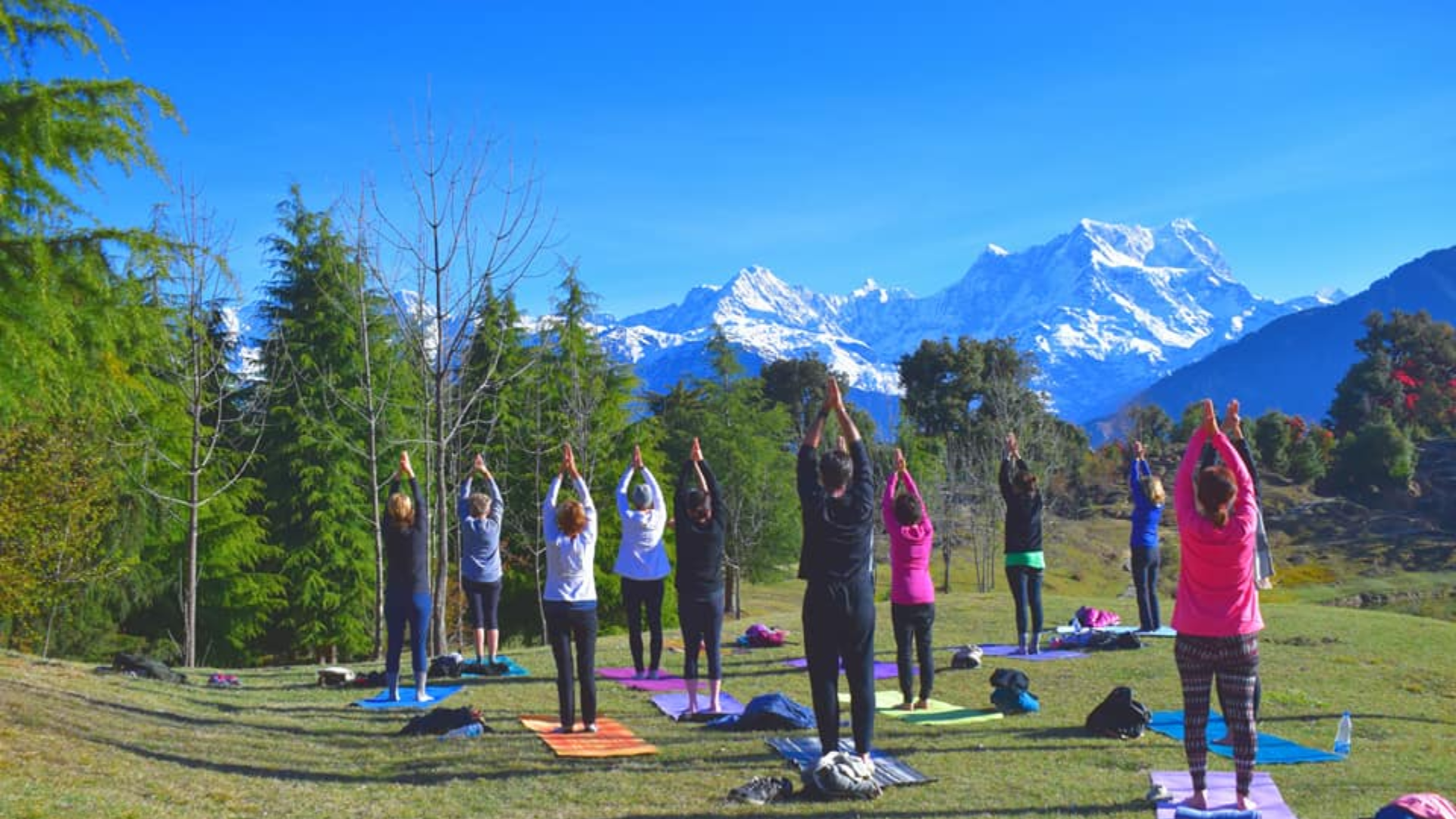 Participants trekking to Tungnath Temple during Himalayan hiking yoga retreat