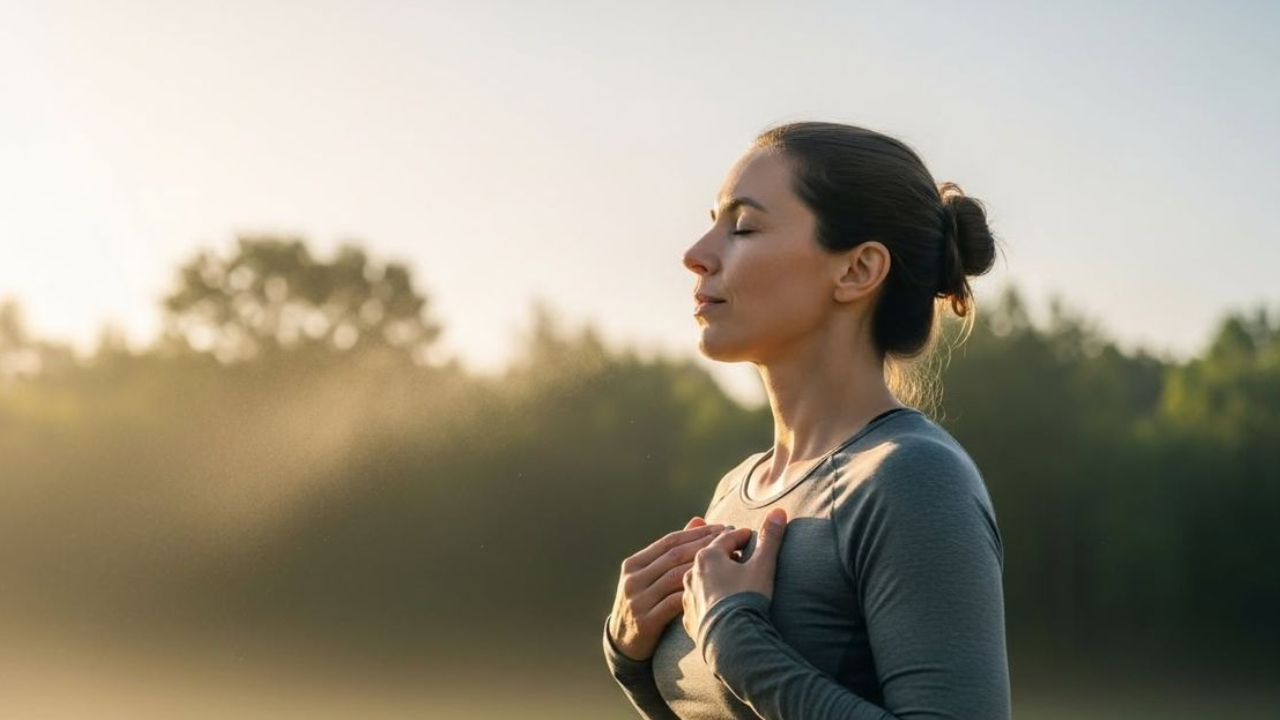 Person practicing deep breathing exercises outdoors for cardiovascular health and heart wellness