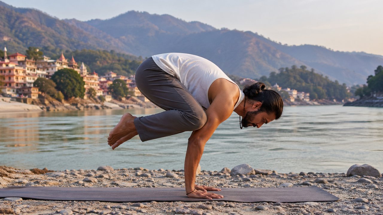 Person practicing Crow Pose Bakasana yoga asana for arm balance and core strength
