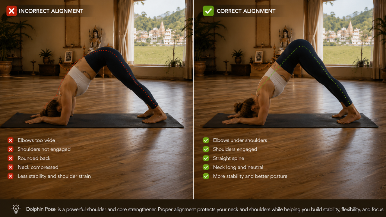 Side by side comparison showing wrong and correct Dolphin Pose alignment — elbows too wide vs elbows shoulder-width apart