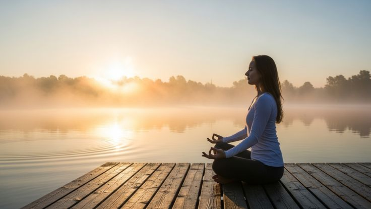 Peaceful morning meditation sitting pose with sunrise background