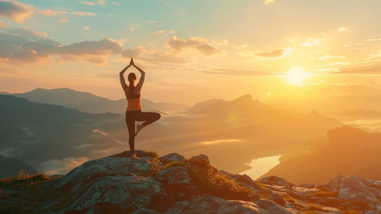 Morning yoga routine for weight loss with woman practicing on mat at sunrise
