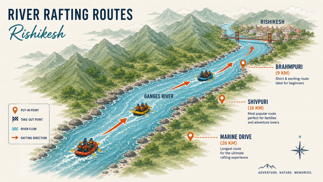 Map showing river rafting routes in Rishikesh — Brahmpuri, Shivpuri, and Marine Drive routes along the Ganga river