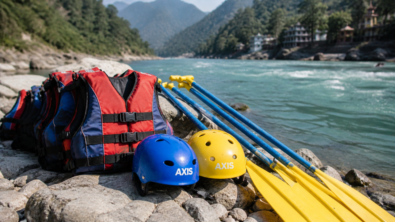 Rafting safety gear at Rishikesh — life jackets and helmets laid out before river rafting session on the Ganga