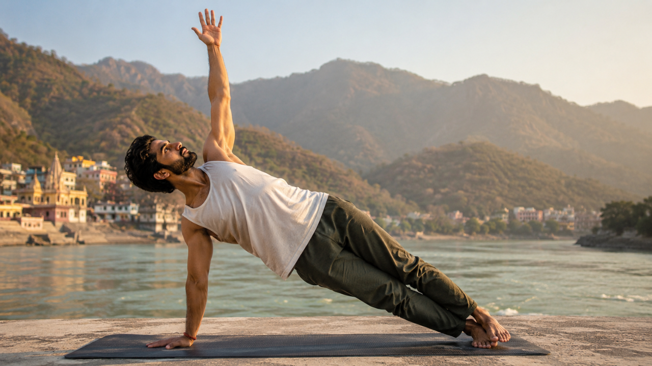 Person practicing Side Plank Pose Vasisthasana yoga asana for arm balance and core strength