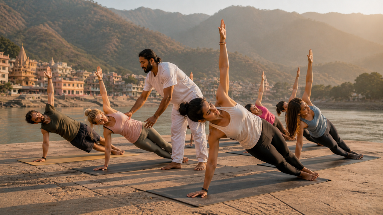 Students practicing Side Plank Pose in yoga class in Rishikesh with teacher guidance