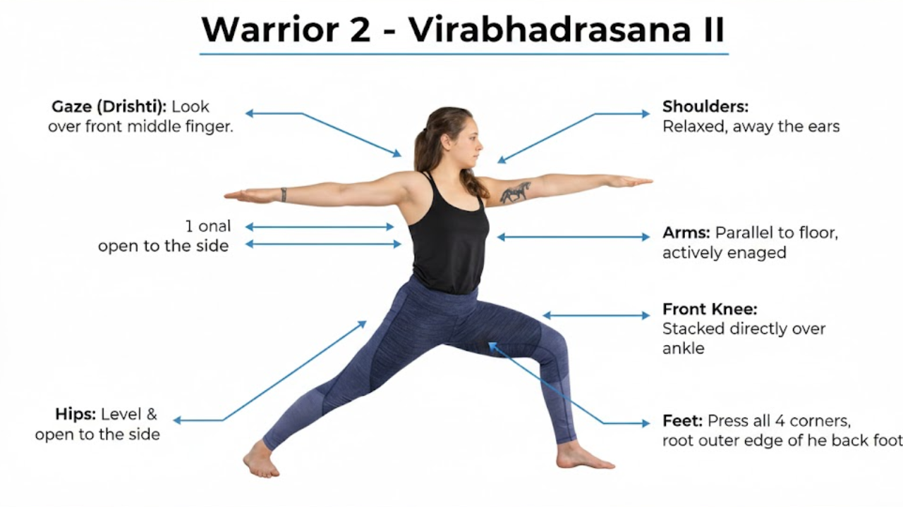 Woman in full Warrior II pose showing correct arms, hips and leg alignment