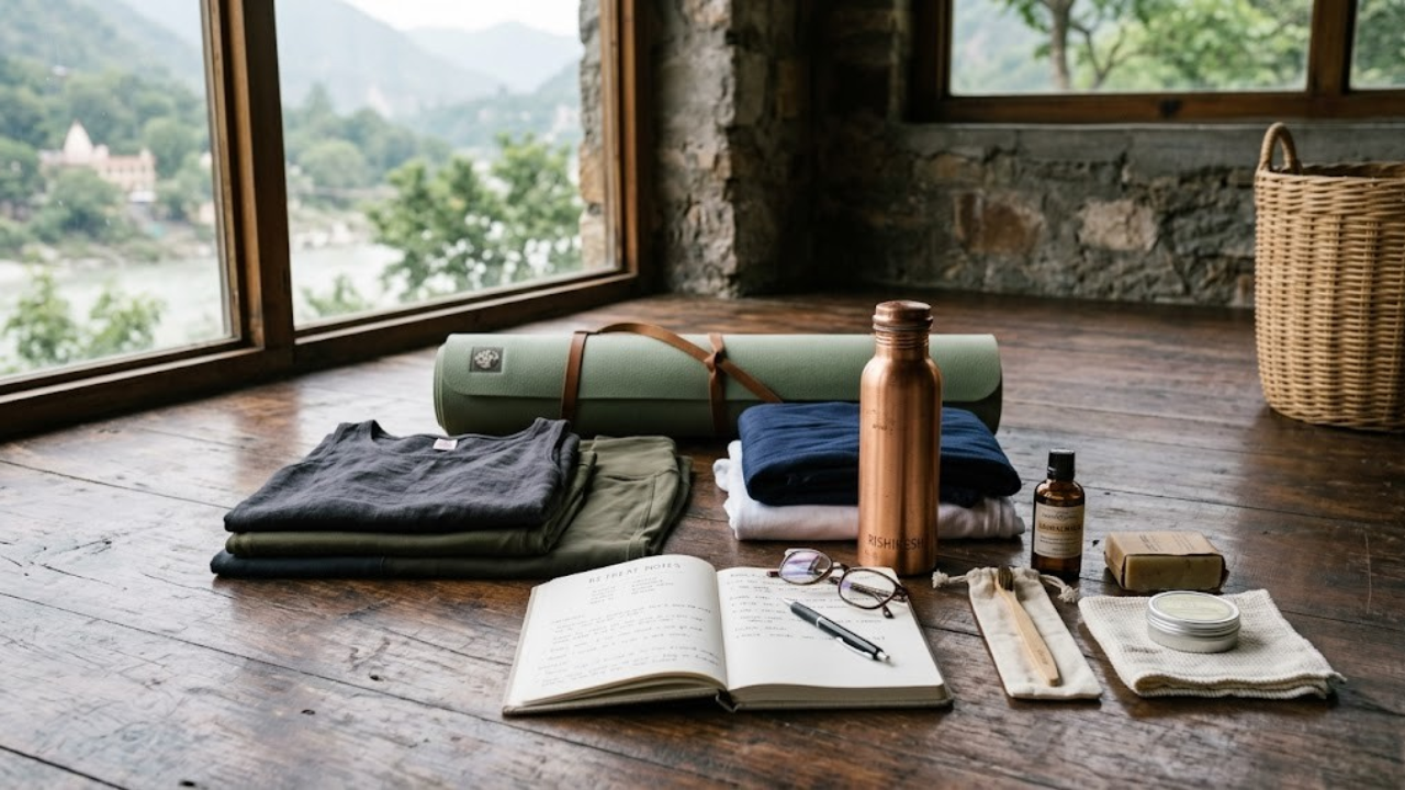 Yoga retreat packing essentials like mat clothes water bottle and meditation items